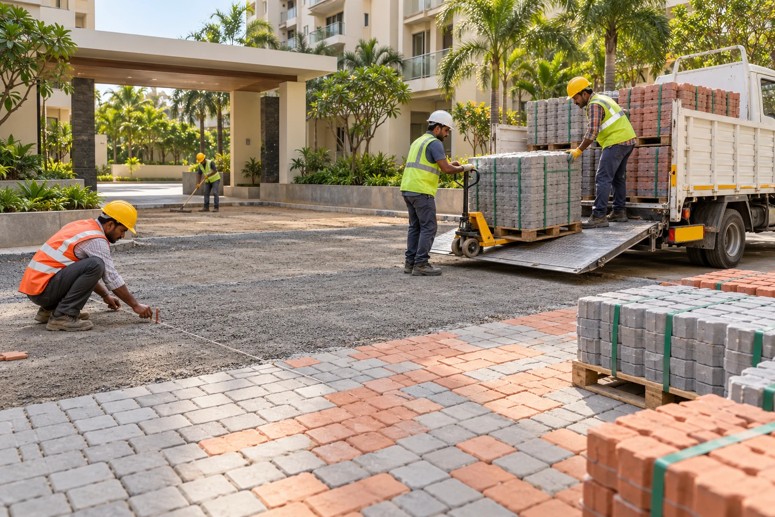 Indian crew unloading concrete pavers from a truck at an apartment entrance — AI-generated service illustration