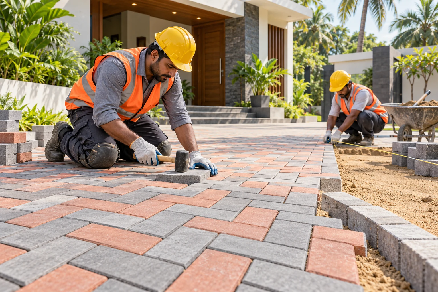 Indian installers laying grey and terracotta interlocking pavers at a home entrance — AI-generated service illustration